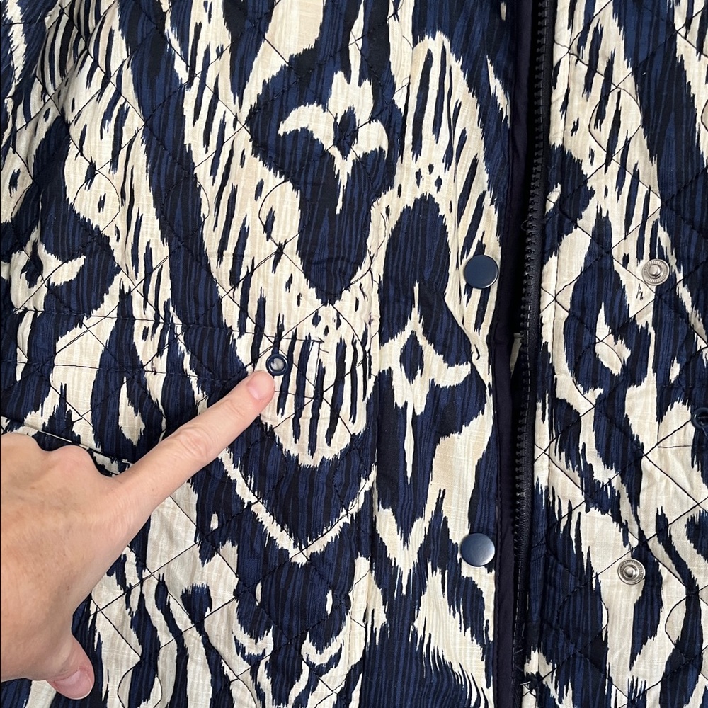 Bagatelle Navy Ivory Ikat Print Quilted Cotton Utility Jacket Coat Size L - Picture 7 of 11